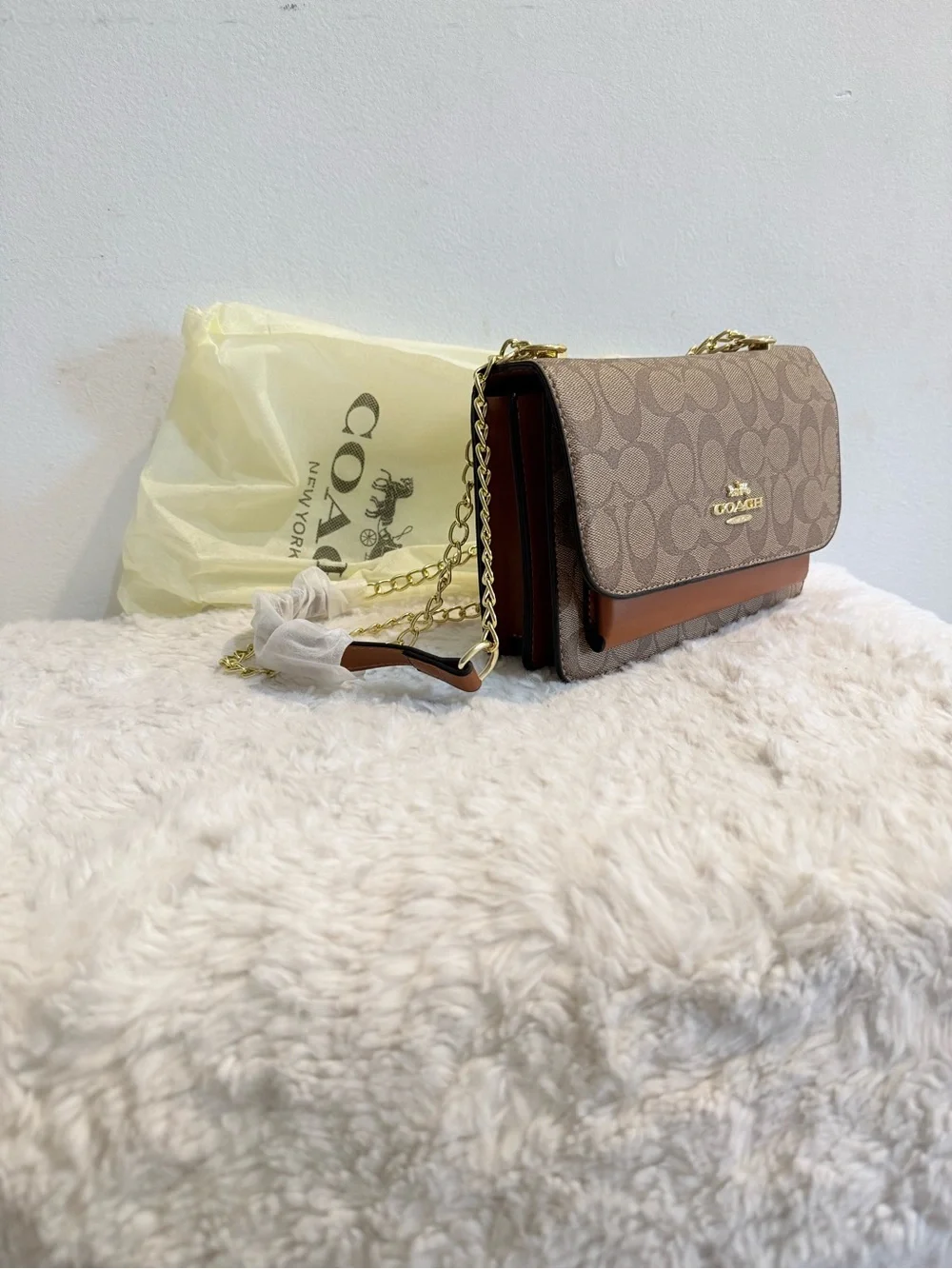 Coach Tan Signature Canvas Crossbody with Gold Chain